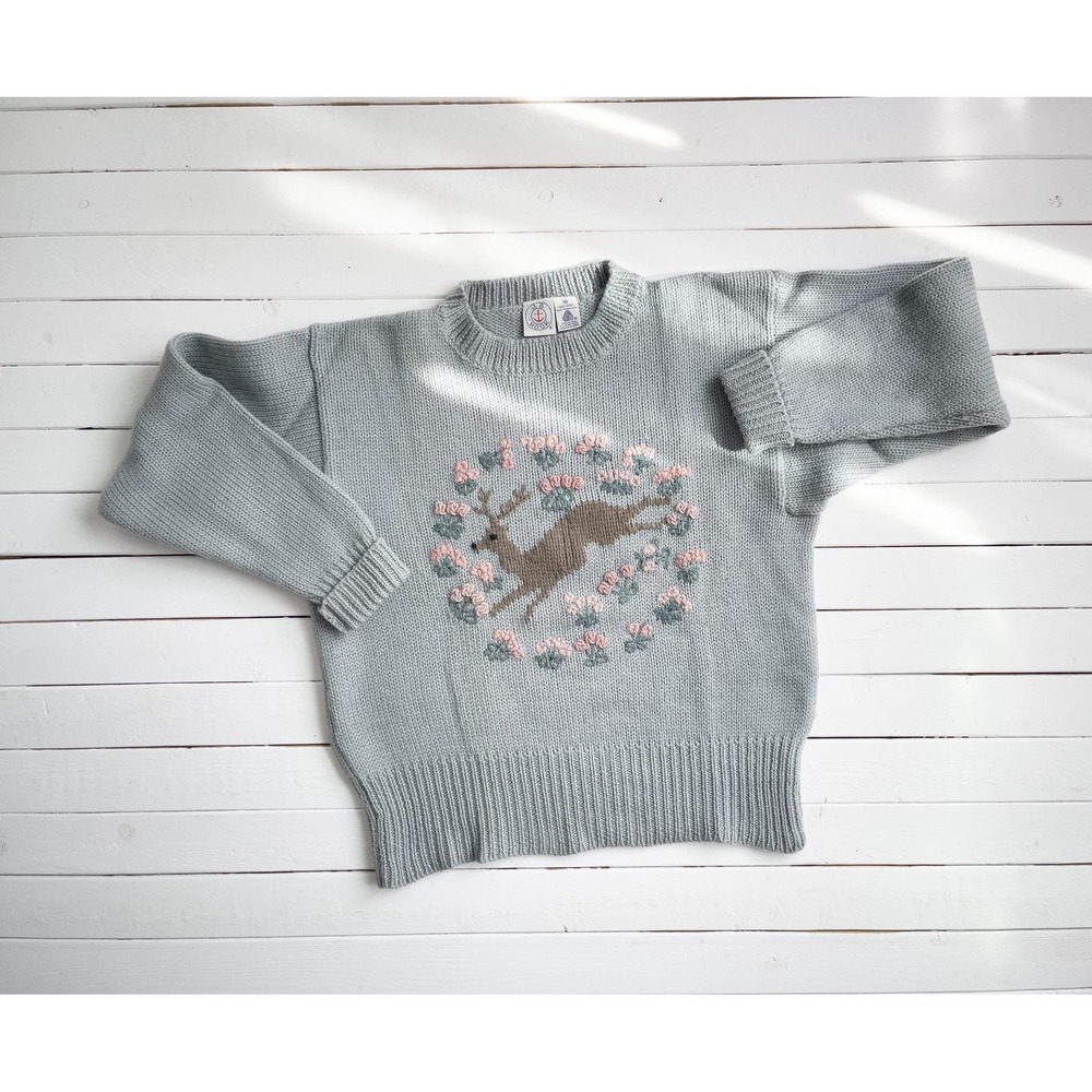 vtg JG Hook blue gray wool deer stag floral embroidered sweater‎ M